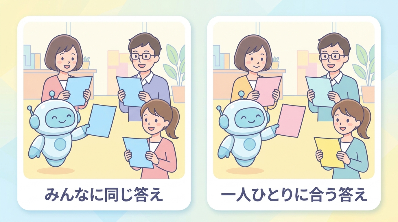 みんなに同じ答えと、一人ひとりに合う答えの対比図