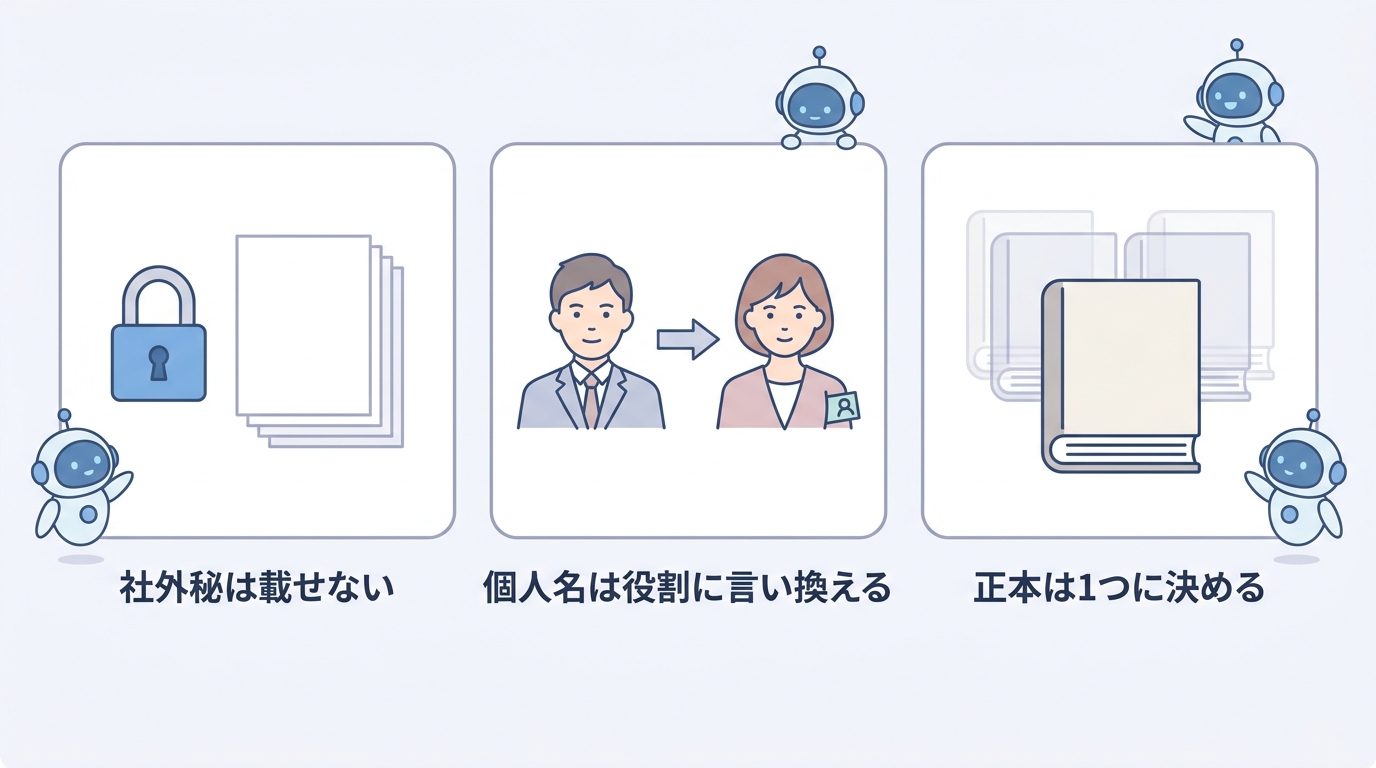 用語集に載せてはいけない言葉の3つの注意点。社外秘は載せない、個人名は役割に言い換える、正本は1つに決める