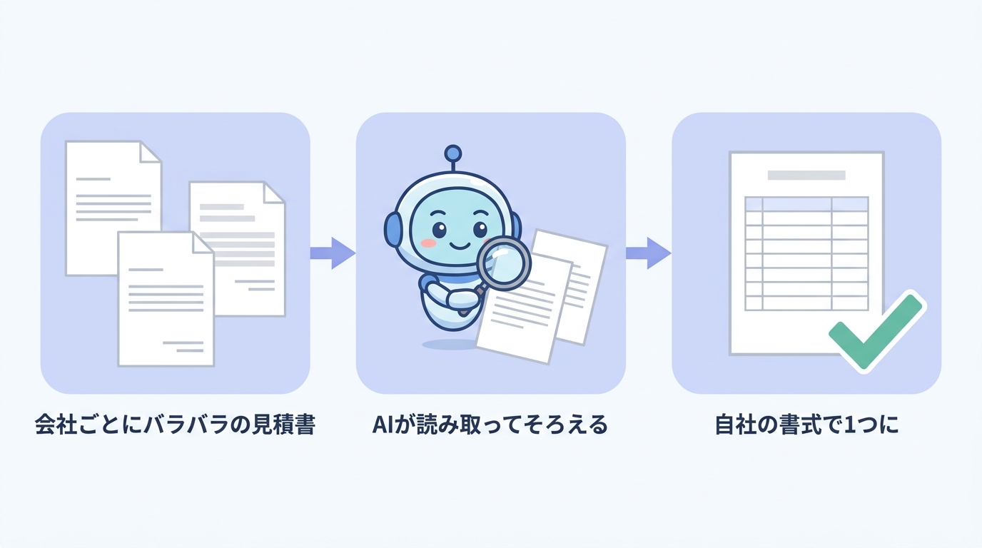 会社ごとにバラバラの見積書をAIが読み取ってそろえ、自社の書式で1つにまとめる流れ