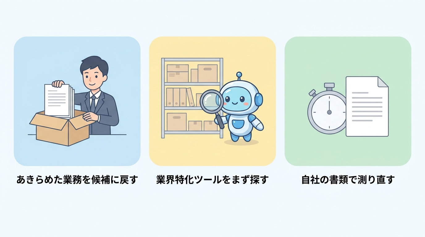 あきらめた業務を候補に戻す、業界特化ツールをまず探す、自社の書類で測り直す の3つのポイント