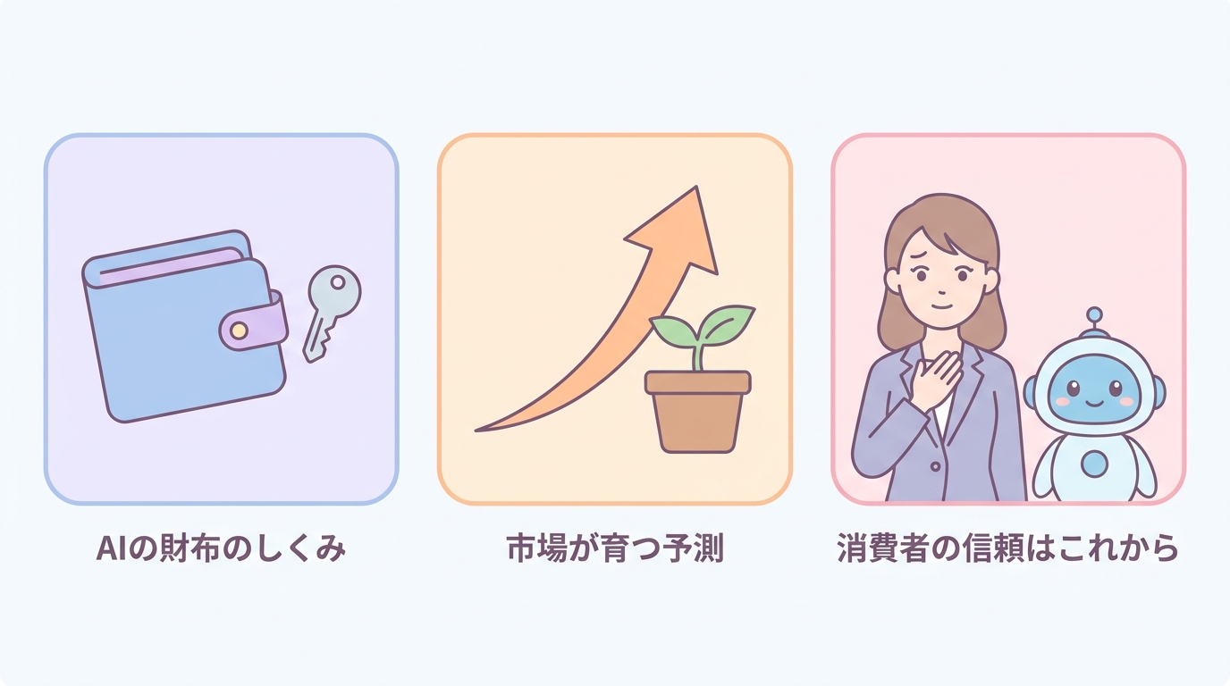 AIの財布のしくみと市場が育つ予測はそろい、消費者の信頼がこれからであることを示す図