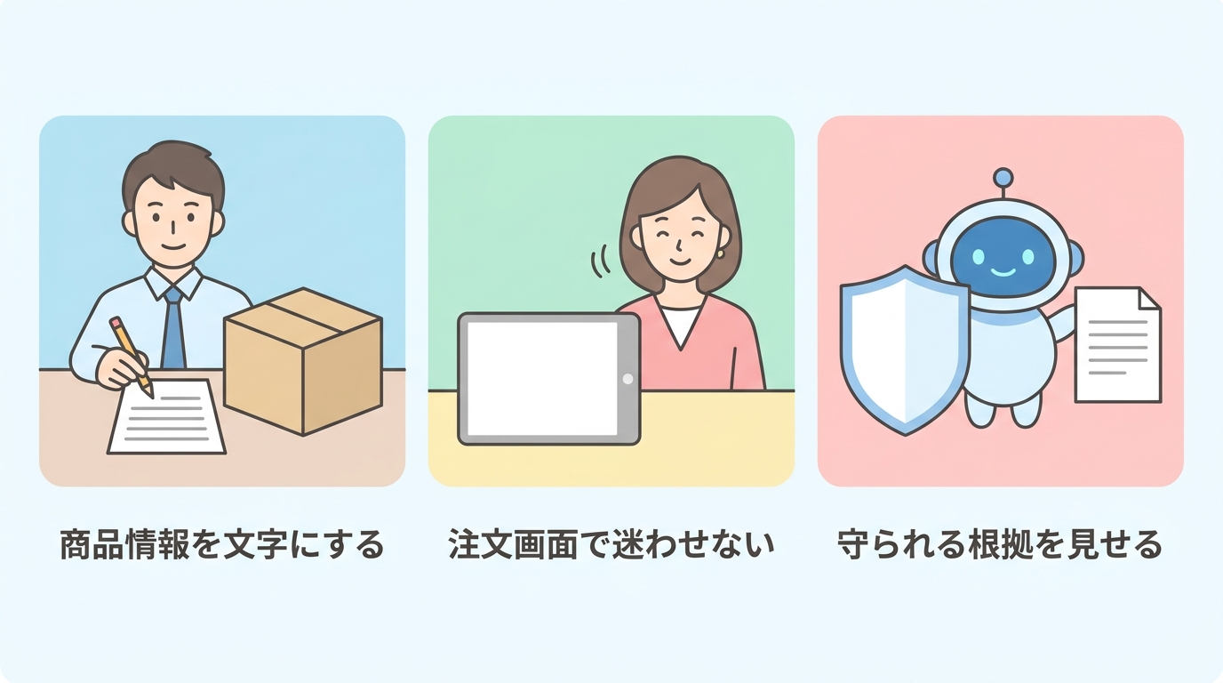 商品情報を文字にする、注文画面で迷わせない、守られる根拠を見せる の3つの準備
