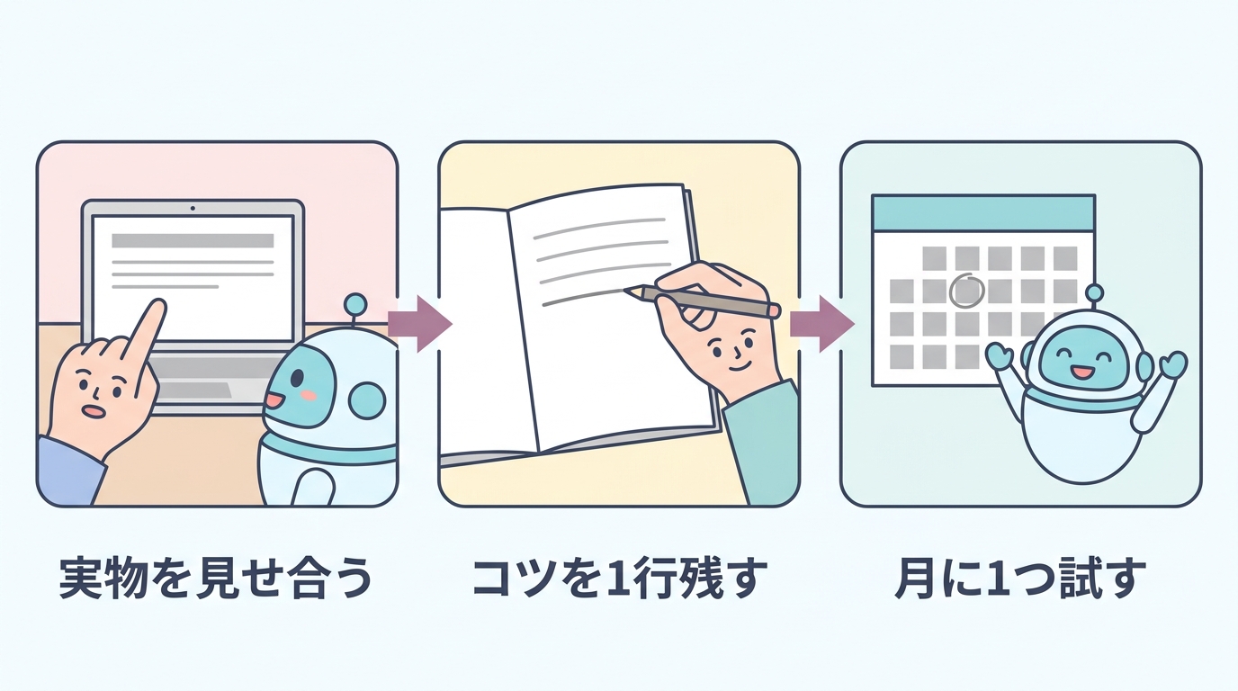 実物を見せ合う、コツを1行残す、月に1つ試す の3ステップ