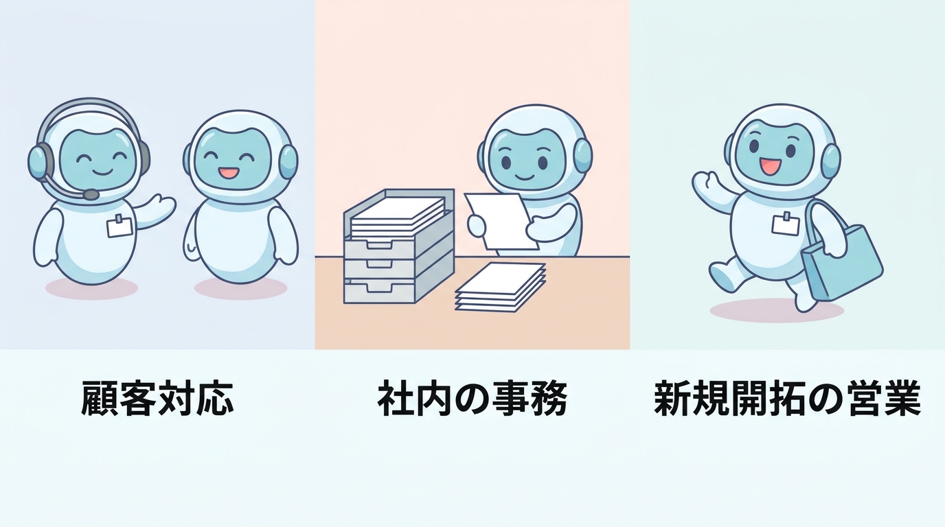 顧客対応・社内の事務・新規開拓の営業という3つの職務で働くAIエージェントのイラスト