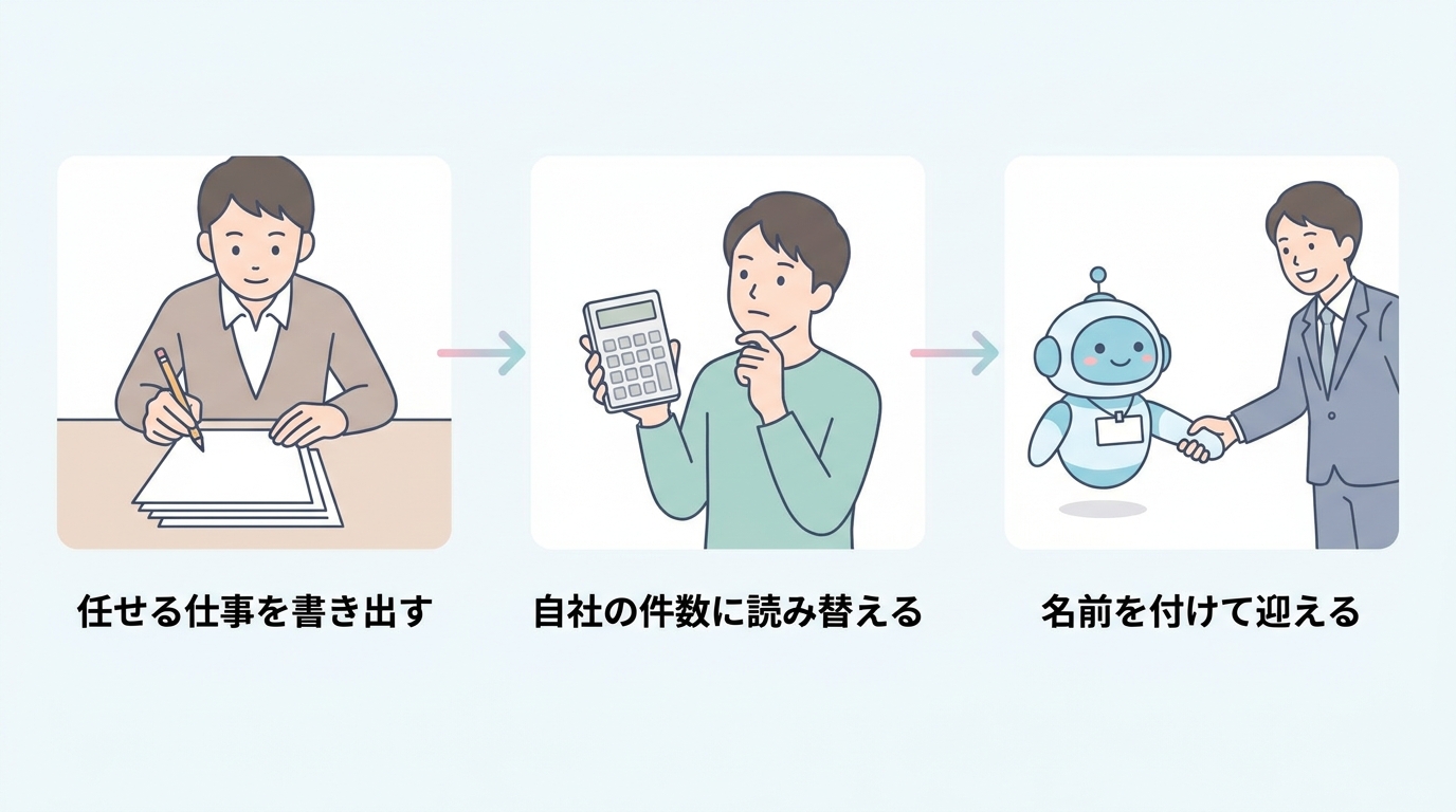 任せる仕事を書き出す→自社の件数に読み替える→名前を付けて迎える の3ステップ図