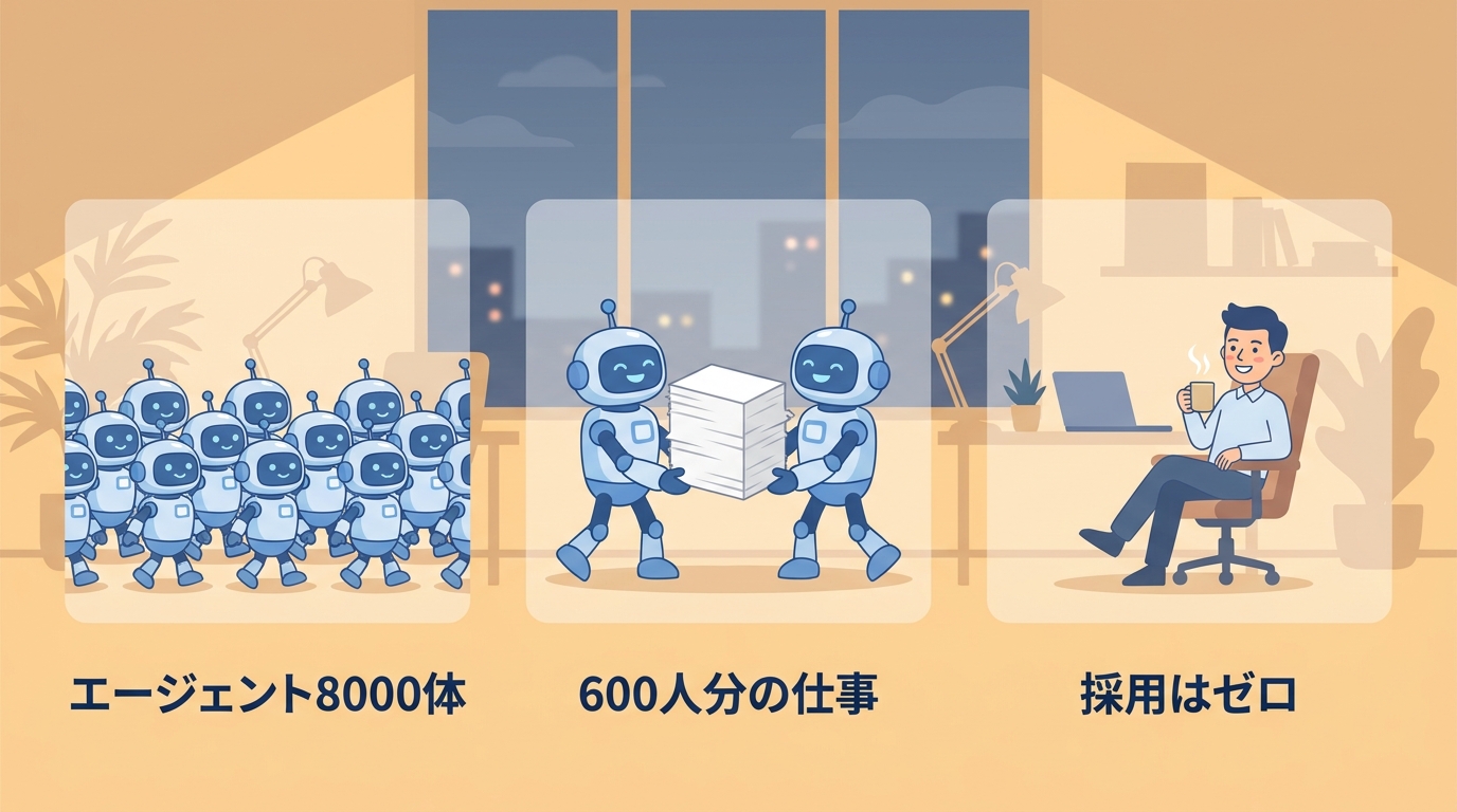 エージェント8000体・600人分の仕事・採用はゼロ の3つの数字