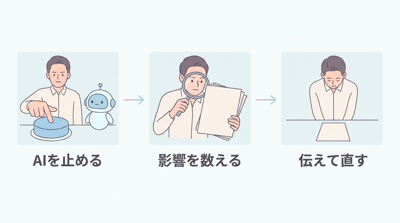AIを止める・影響を数える・伝えて直す の初動3ステップ図