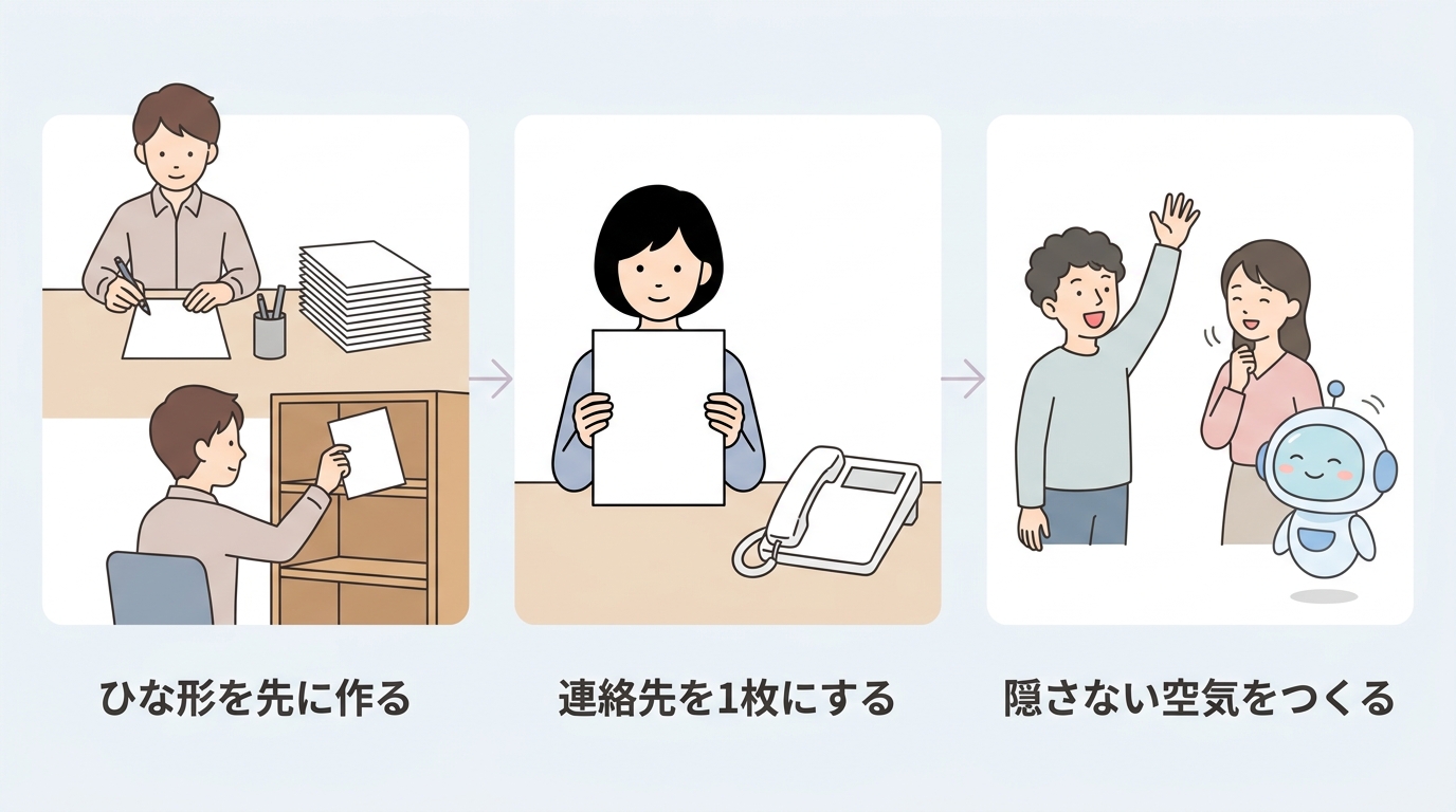ひな形を先に作る・連絡先を1枚にする・隠さない空気をつくる の3つの備え図
