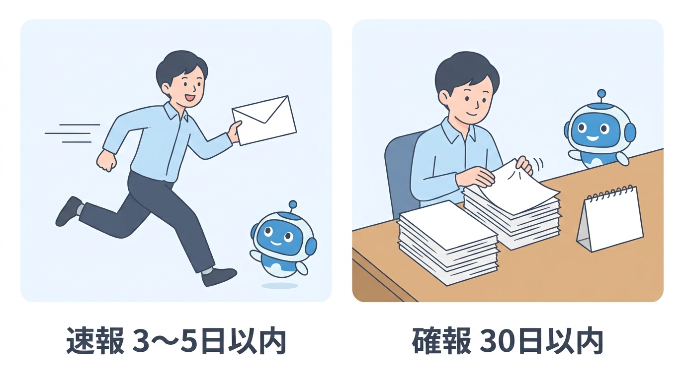 個人情報漏えい時の報告期限(速報3〜5日以内・確報30日以内)の対比図