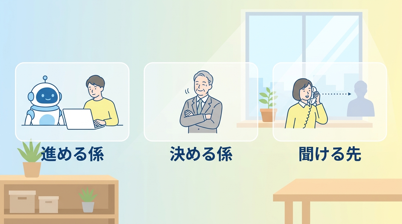 進める係・決める係・聞ける先の3役に分ける図