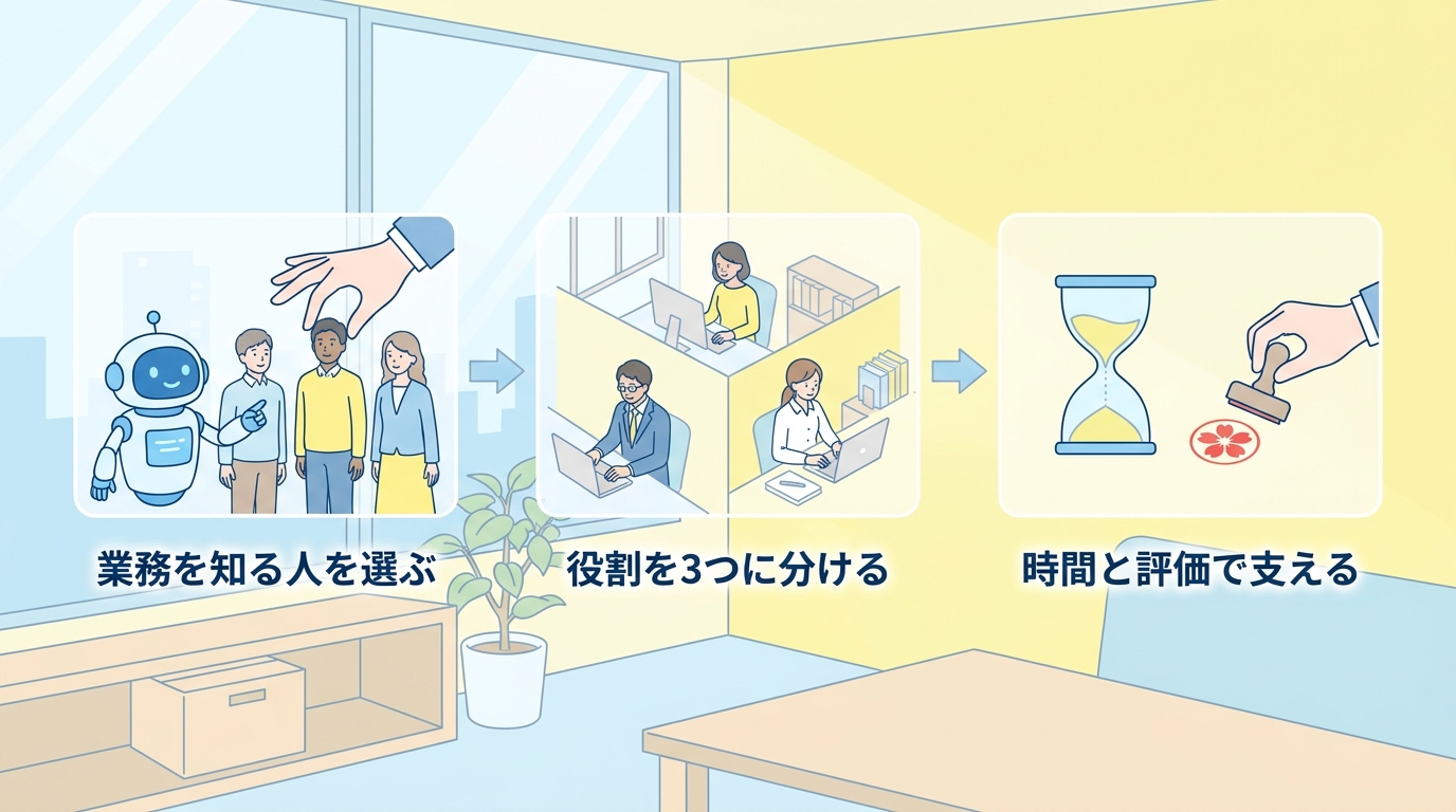 業務を知る人を選ぶ・役割を3つに分ける・時間と評価で支える の3ステップ図