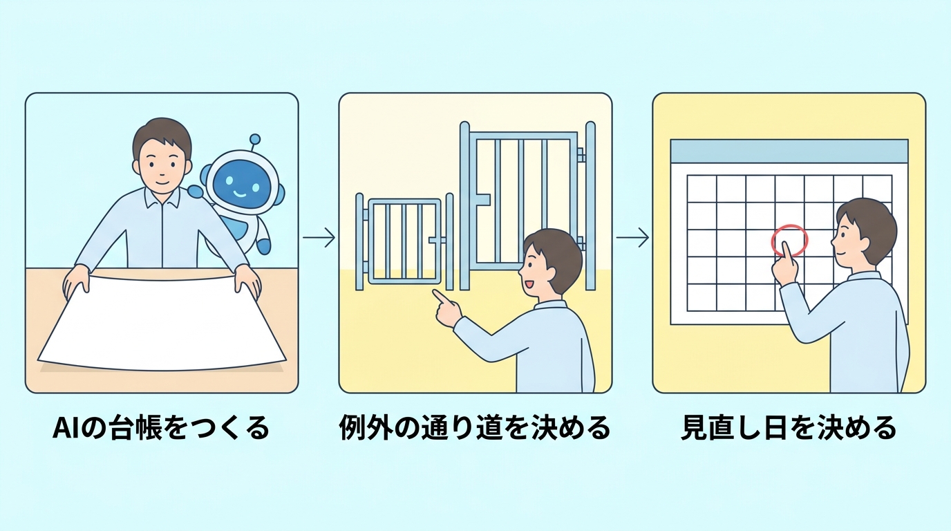AIの台帳をつくる・例外の通り道を決める・見直し日を決める の3ステップ図