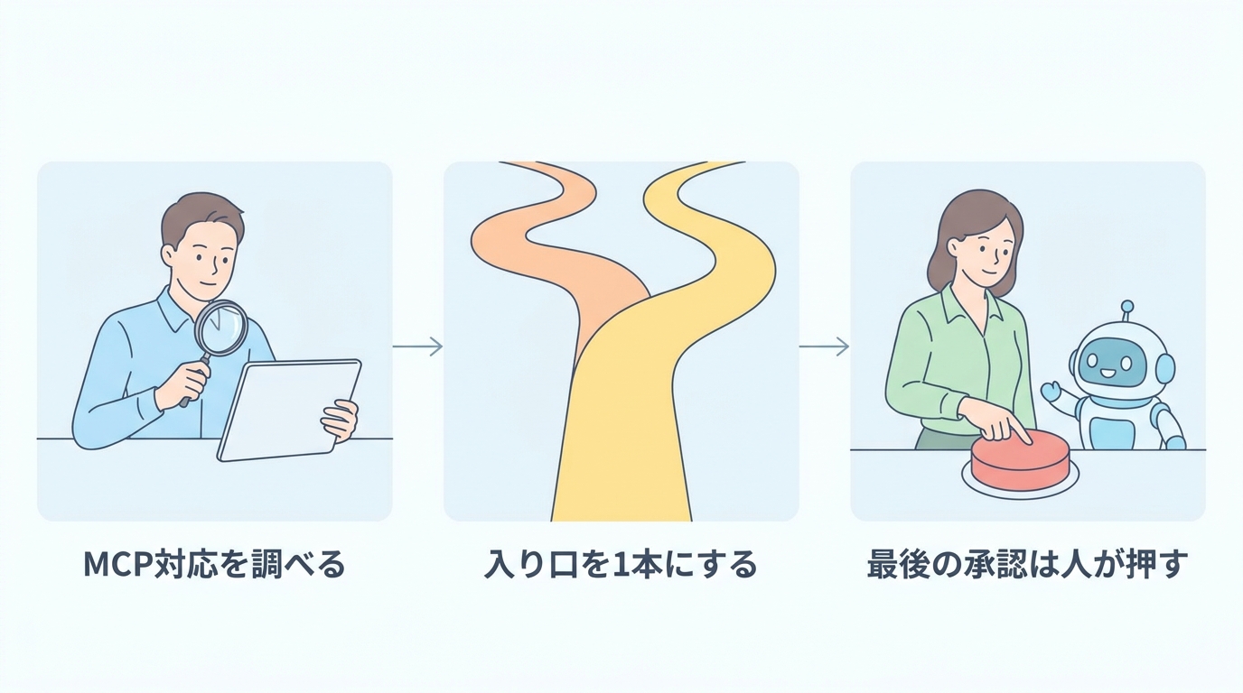 MCP対応を調べる・入り口を1本にする・最後の承認は人が押す の3ステップ図