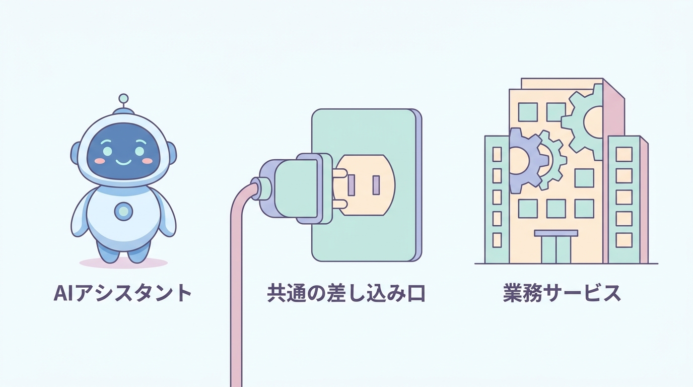 AIアシスタントと業務サービスを共通の差し込み口(MCP)がつなぐ図