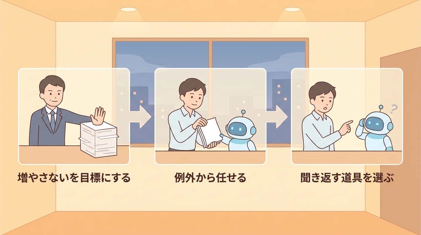 増やさないを目標にする→例外から任せる→聞き返す道具を選ぶ の3ステップ