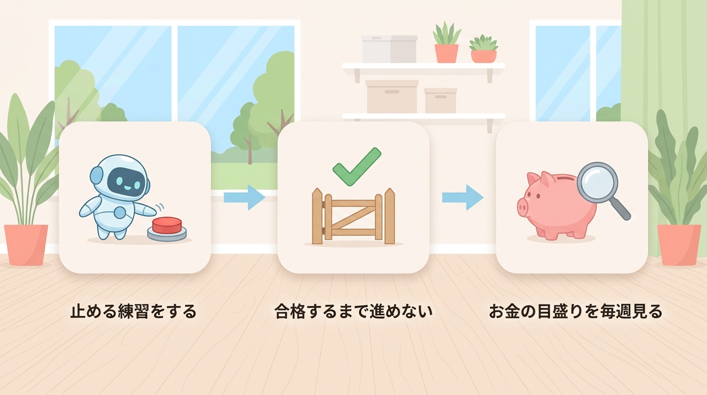 止める練習をする・合格するまで進めない・お金の目盛りを毎週見る の3ステップ図