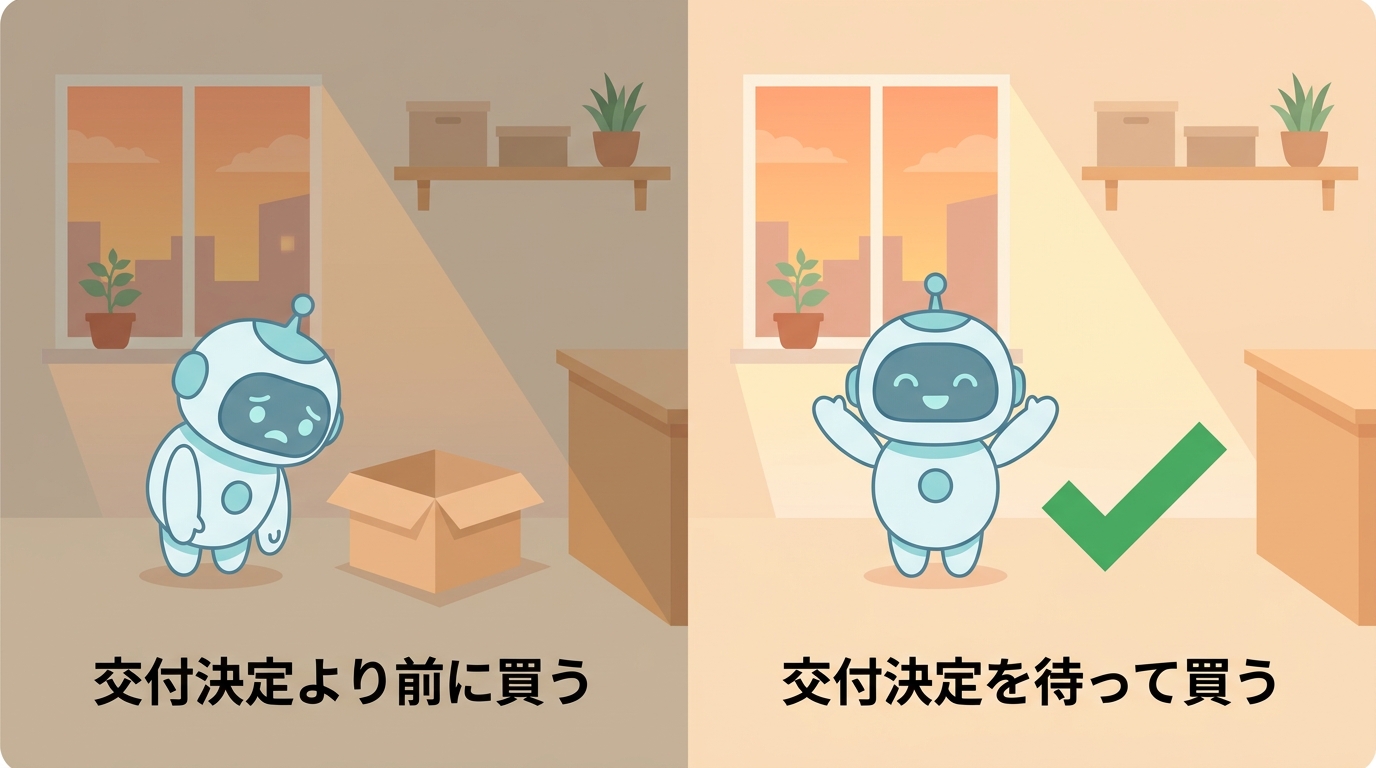 交付決定より前に買うと補助対象外、待って買うの対比図