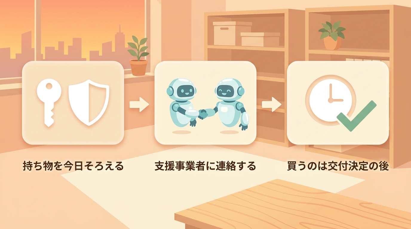 持ち物を今日そろえる・支援事業者に連絡する・買うのは交付決定の後の3ステップ図