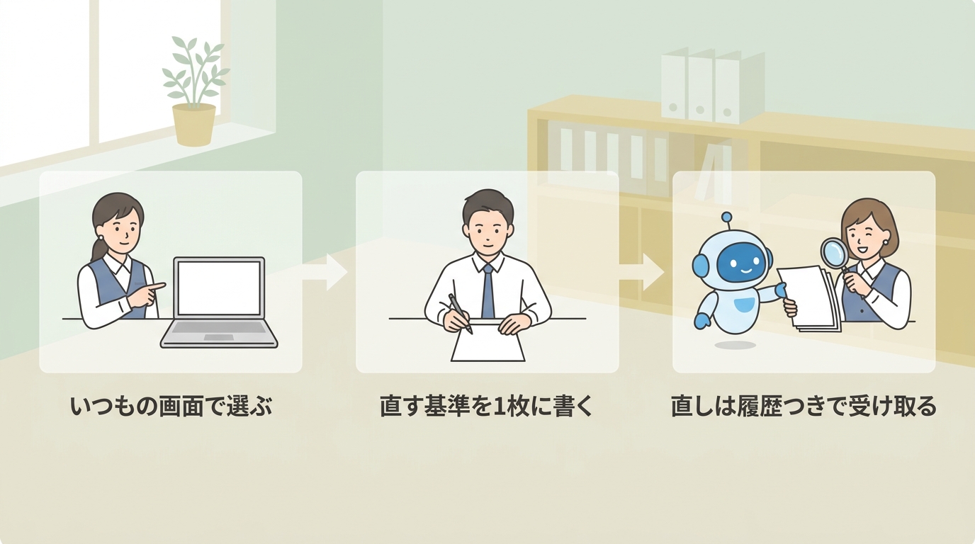いつもの画面で選ぶ→直す基準を1枚に書く→直しは履歴つきで受け取る の3ステップ