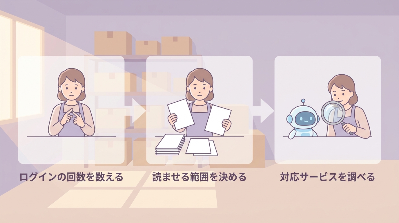 ログインの回数を数える→読ませる範囲を決める→対応サービスを調べる の3ステップ