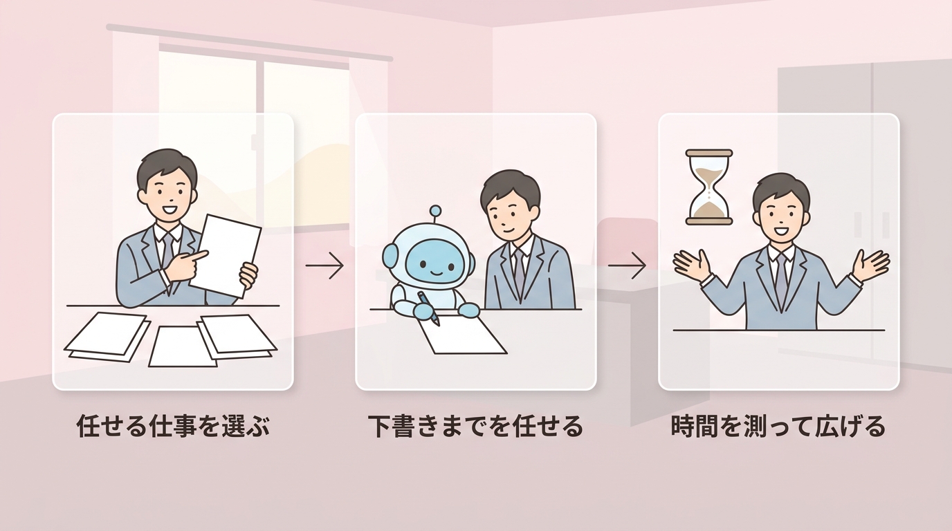 任せる仕事を選ぶ→下書きまでを任せる→時間を測って広げる の3ステップ