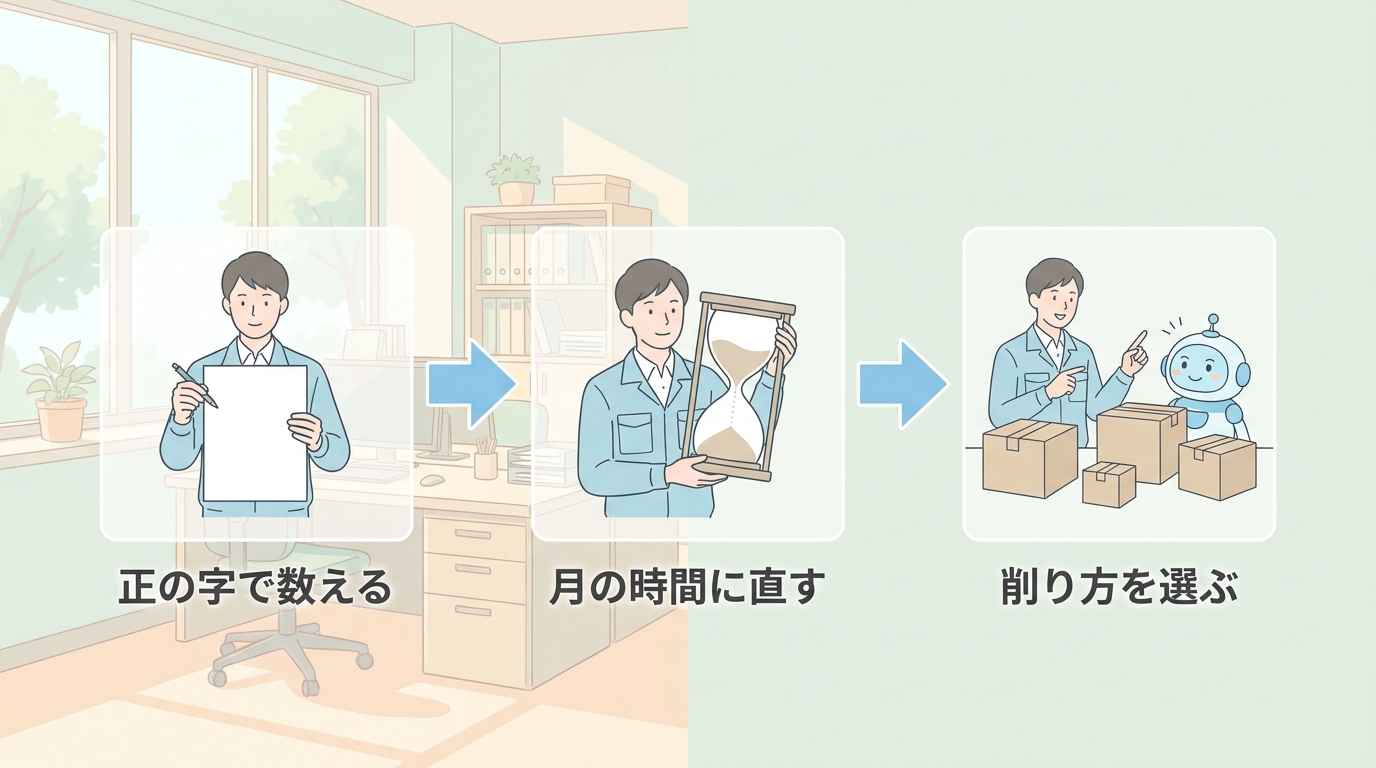 正の字で数える→月の時間に直す→削り方を選ぶ の3ステップ