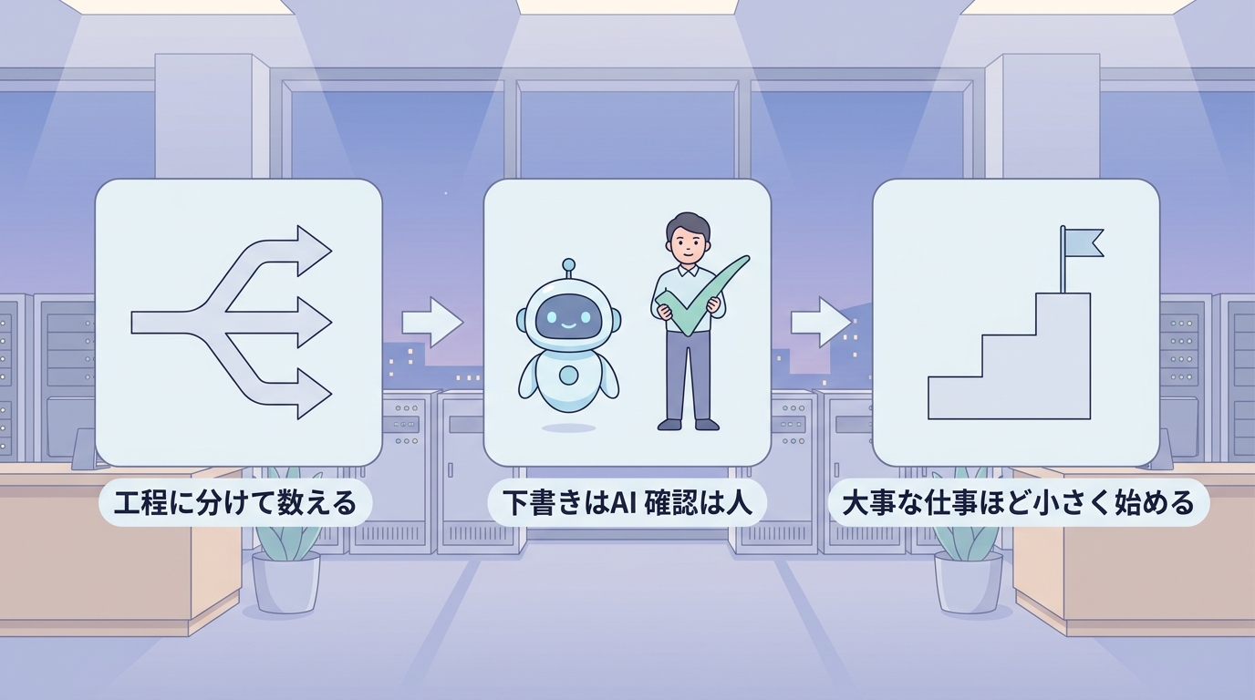 工程に分けて数える・下書きはAI確認は人・大事な仕事ほど小さく始める の3ステップ図
