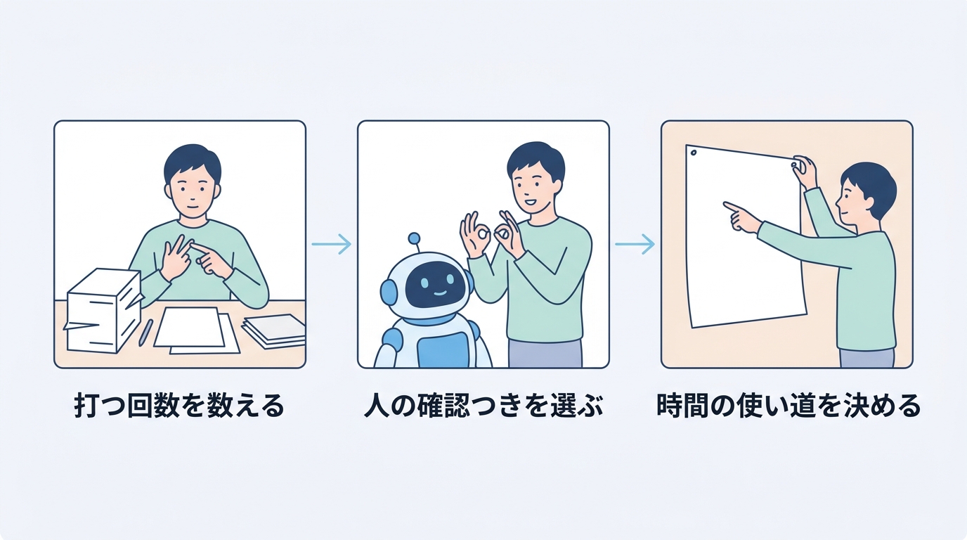 打つ回数を数える・人の確認つきを選ぶ・時間の使い道を決める の3ポイント図