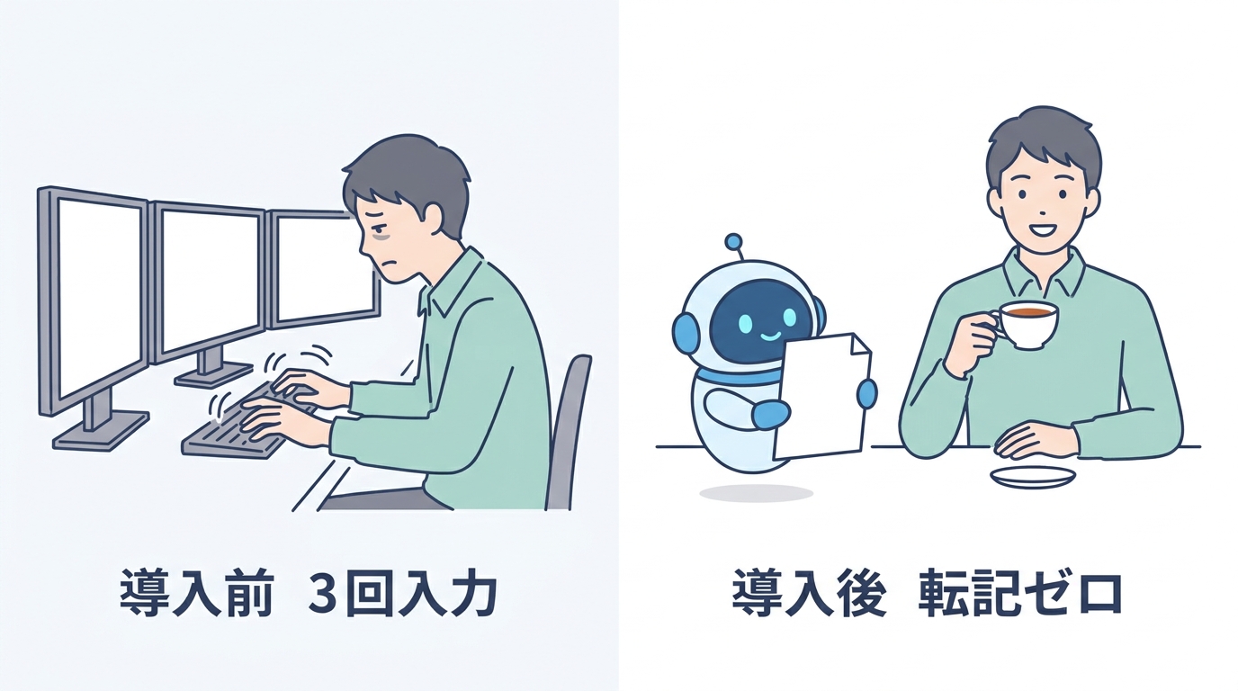 導入前は3回入力・導入後は転記ゼロ のビフォーアフター対比図