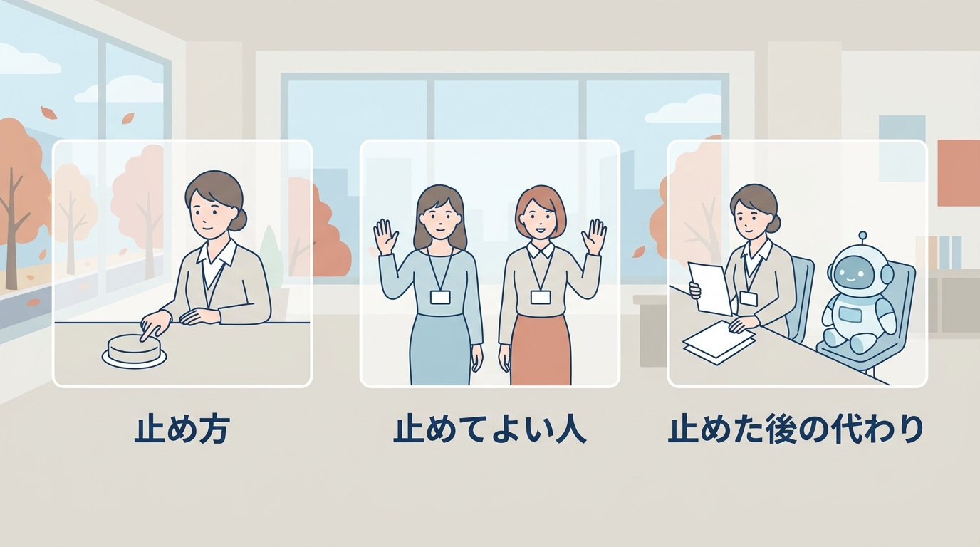 止め方・止めてよい人・止めた後の代わり の3つの欄