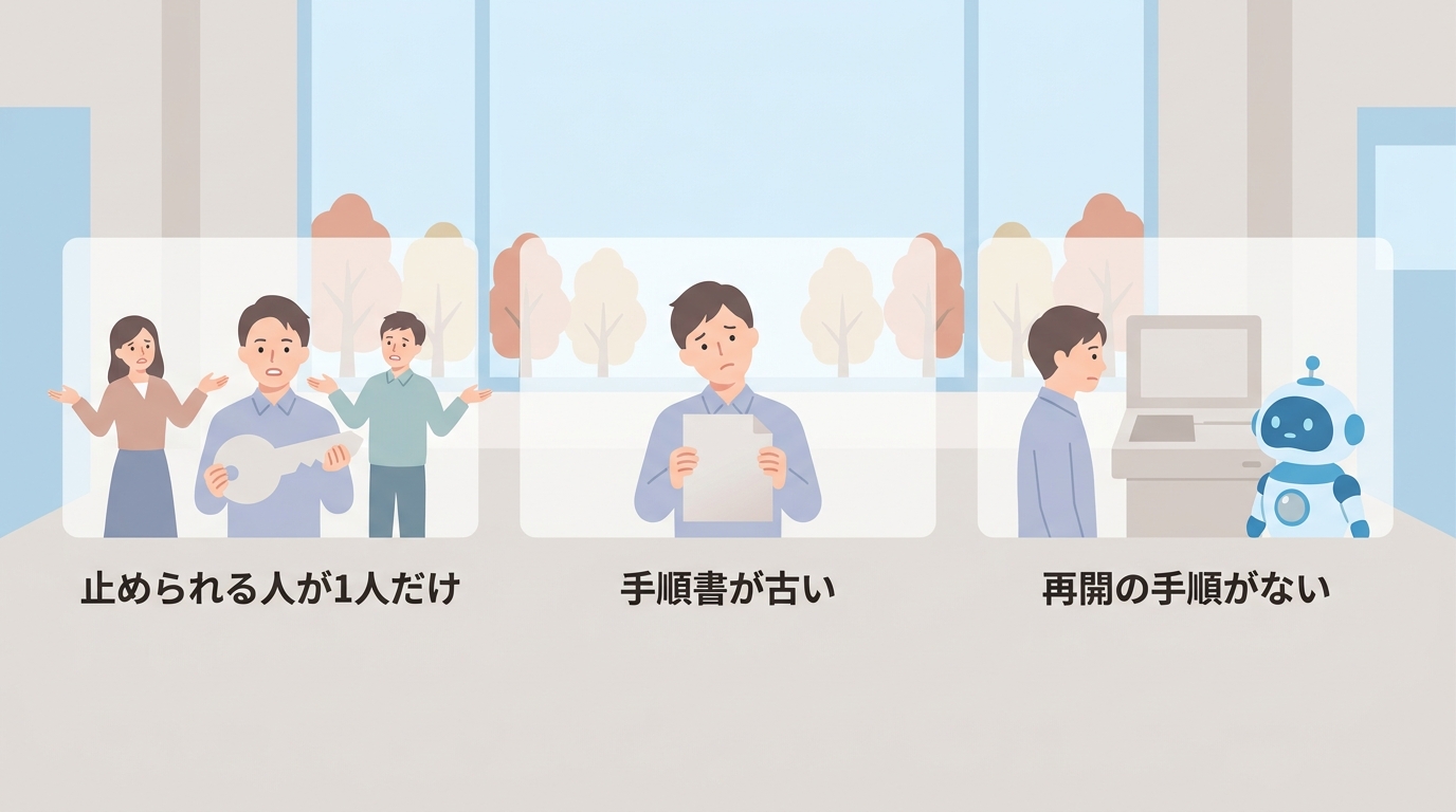止められる人が1人だけ・手順書が古い・再開の手順がない の3つのつまずき