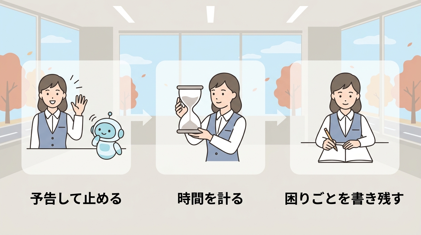 予告して止める→時間を計る→困りごとを書き残す の3ステップ