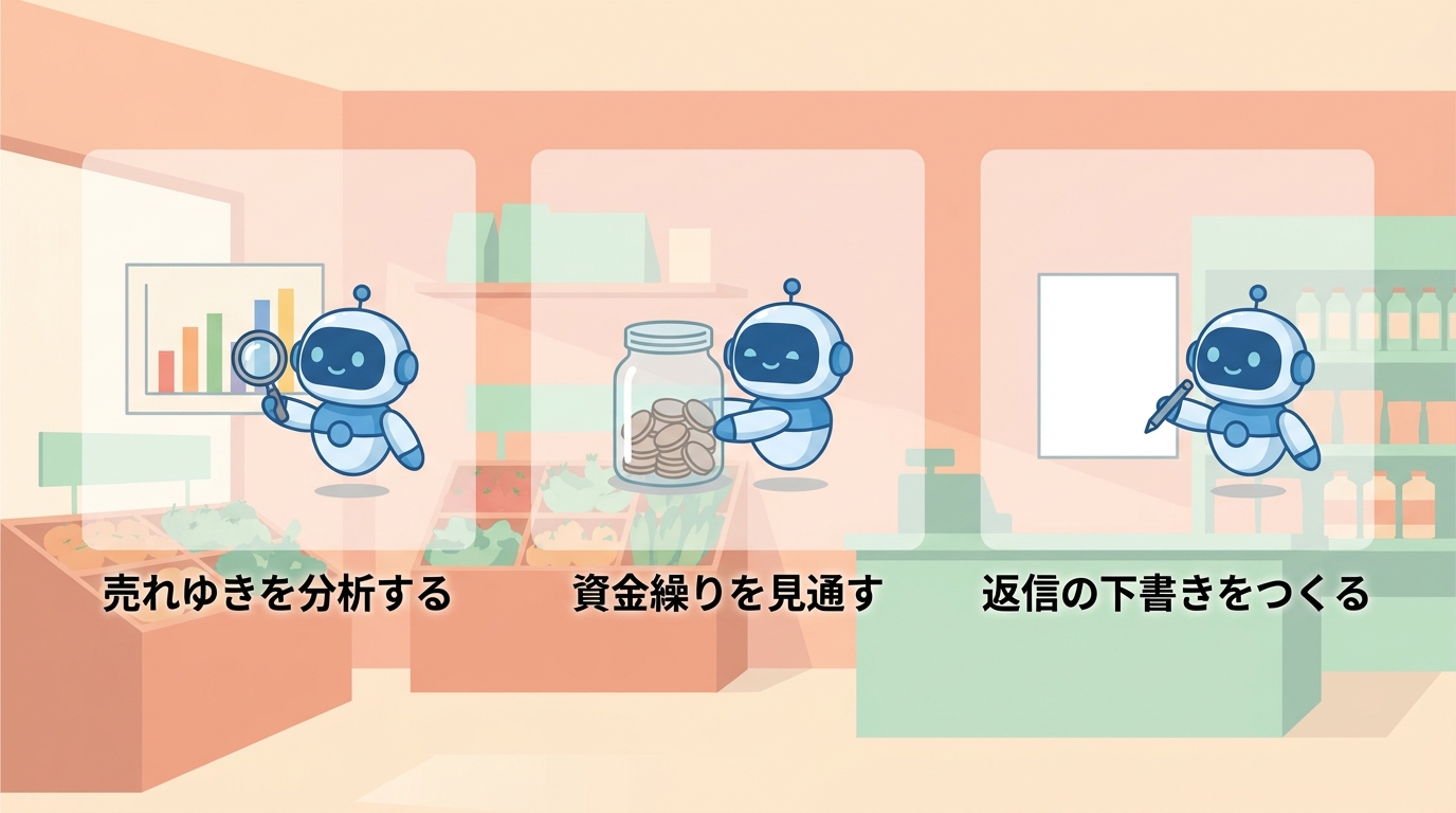 売れゆきの分析・資金繰りの見通し・返信の下書き の3つの持ち場の図
