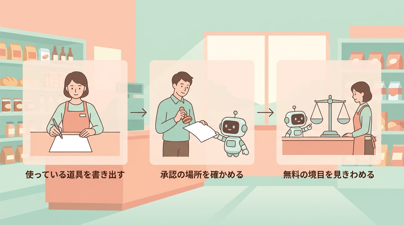 道具を書き出す→承認を確かめる→無料の境目を見きわめる の3ステップ図
