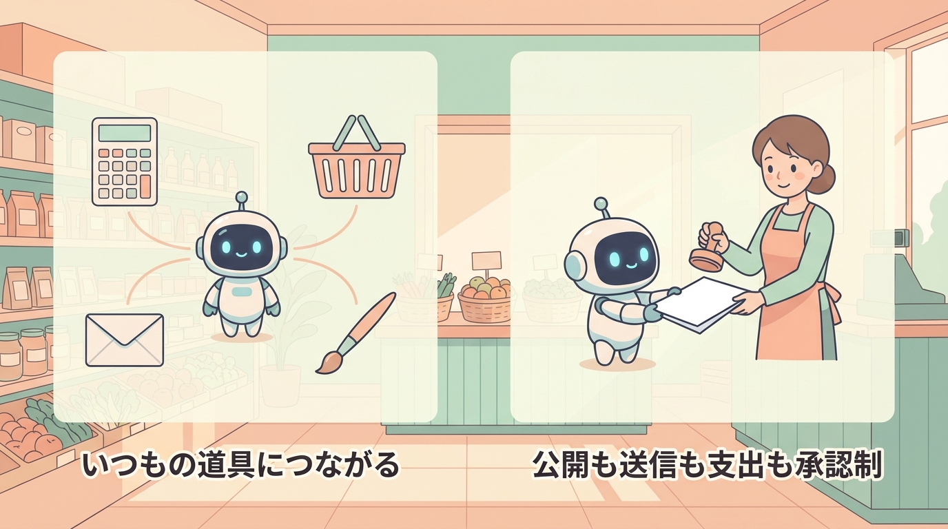 いつもの道具につながる/公開・送信・支出は承認制 の対比図