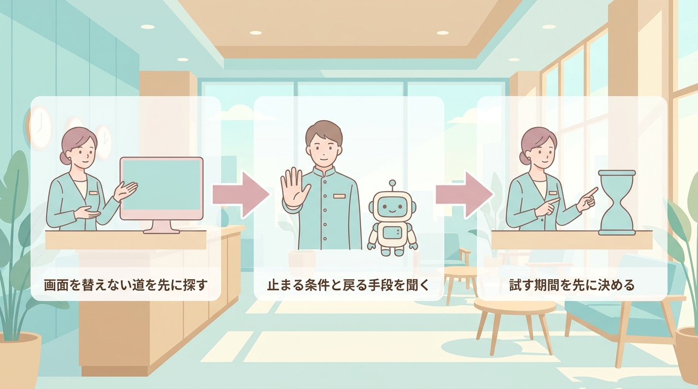 画面を替えない道を先に探す・止まる条件と戻る手段を聞く・試す期間を先に決める の3ステップ図