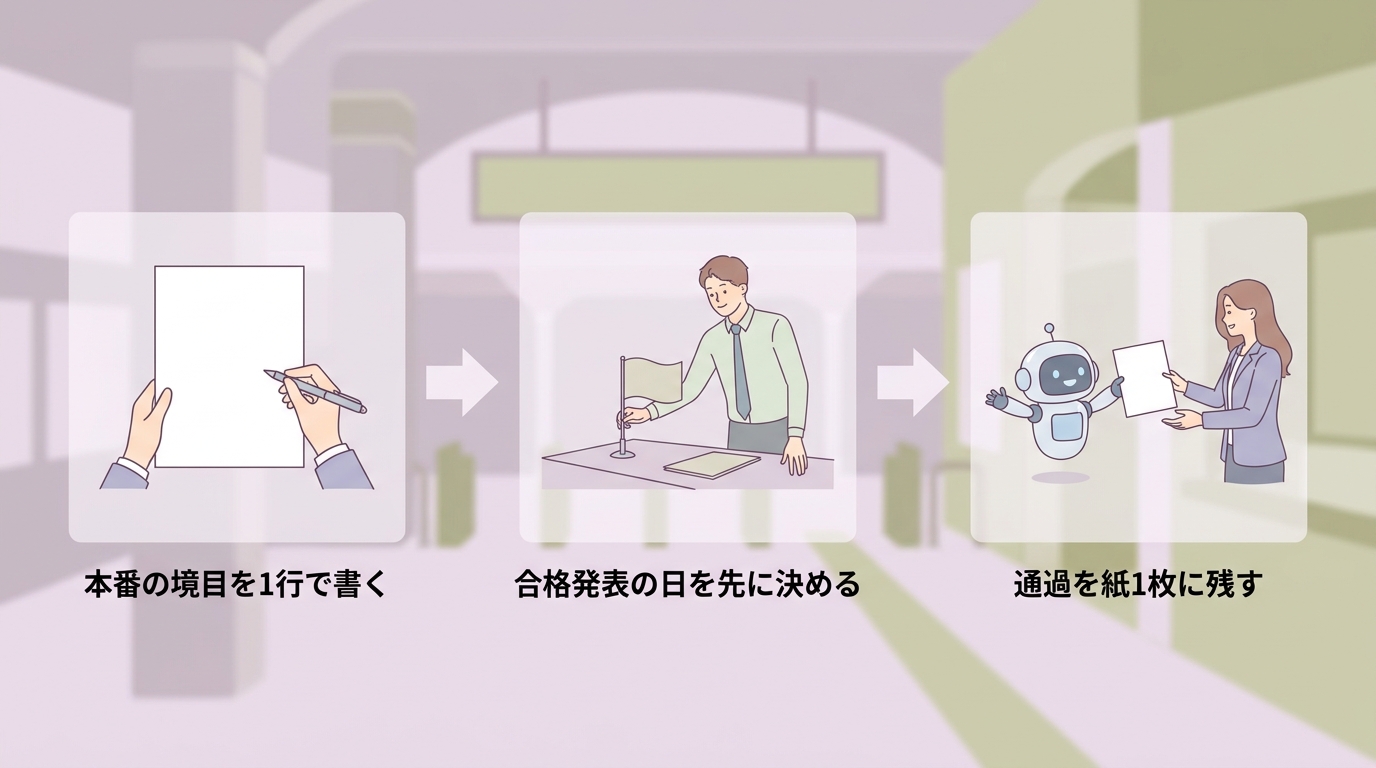 本番の境目を1行で書く・合格発表の日を先に決める・通過を紙1枚に残す の3ステップ図