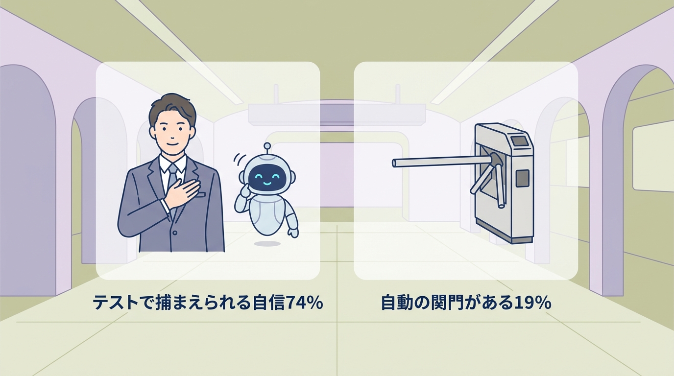 テストで捕まえられる自信74%・自動の関門がある19% の対比図
