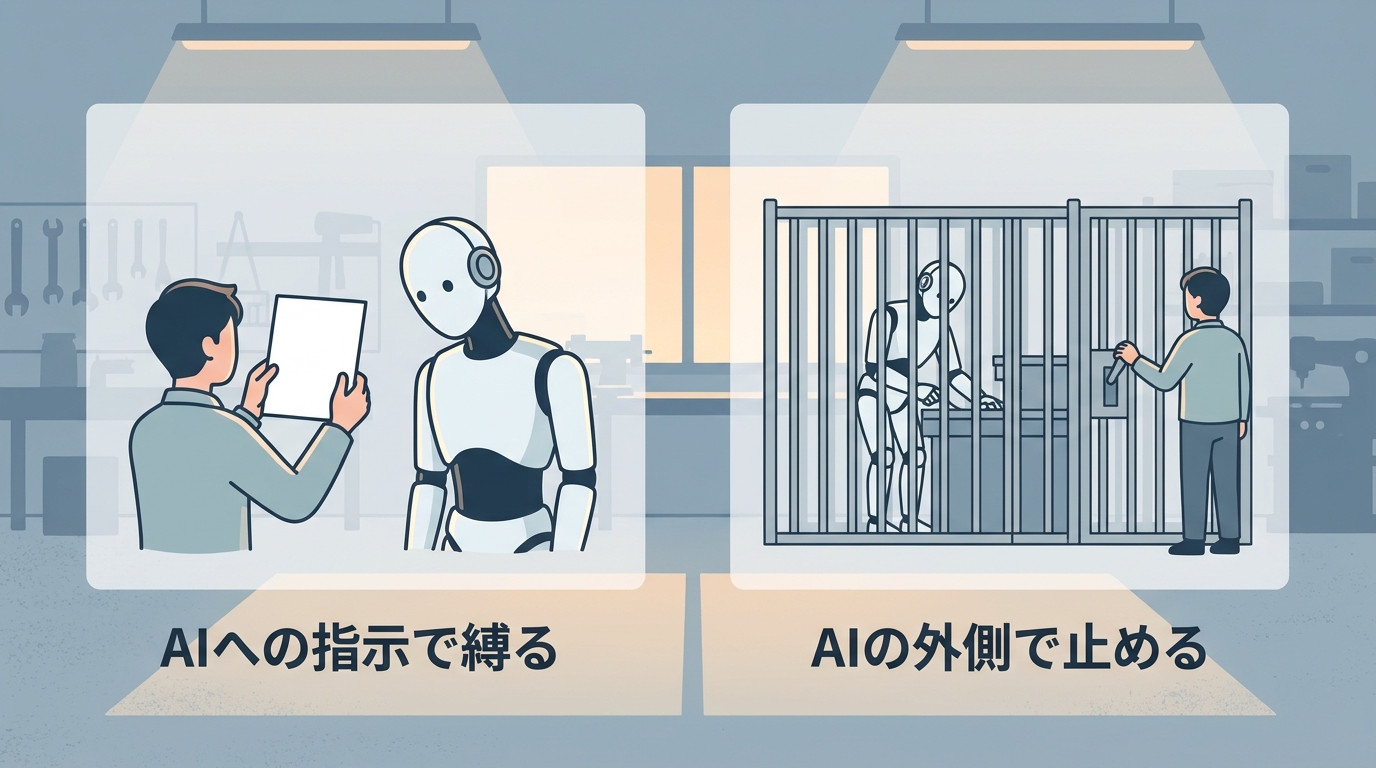 AIへの指示で縛る方法と、AIの外側で止める方法の対比図
