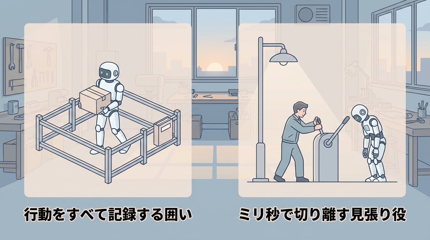 行動をすべて記録する囲いと、ミリ秒で切り離す見張り役の対比図