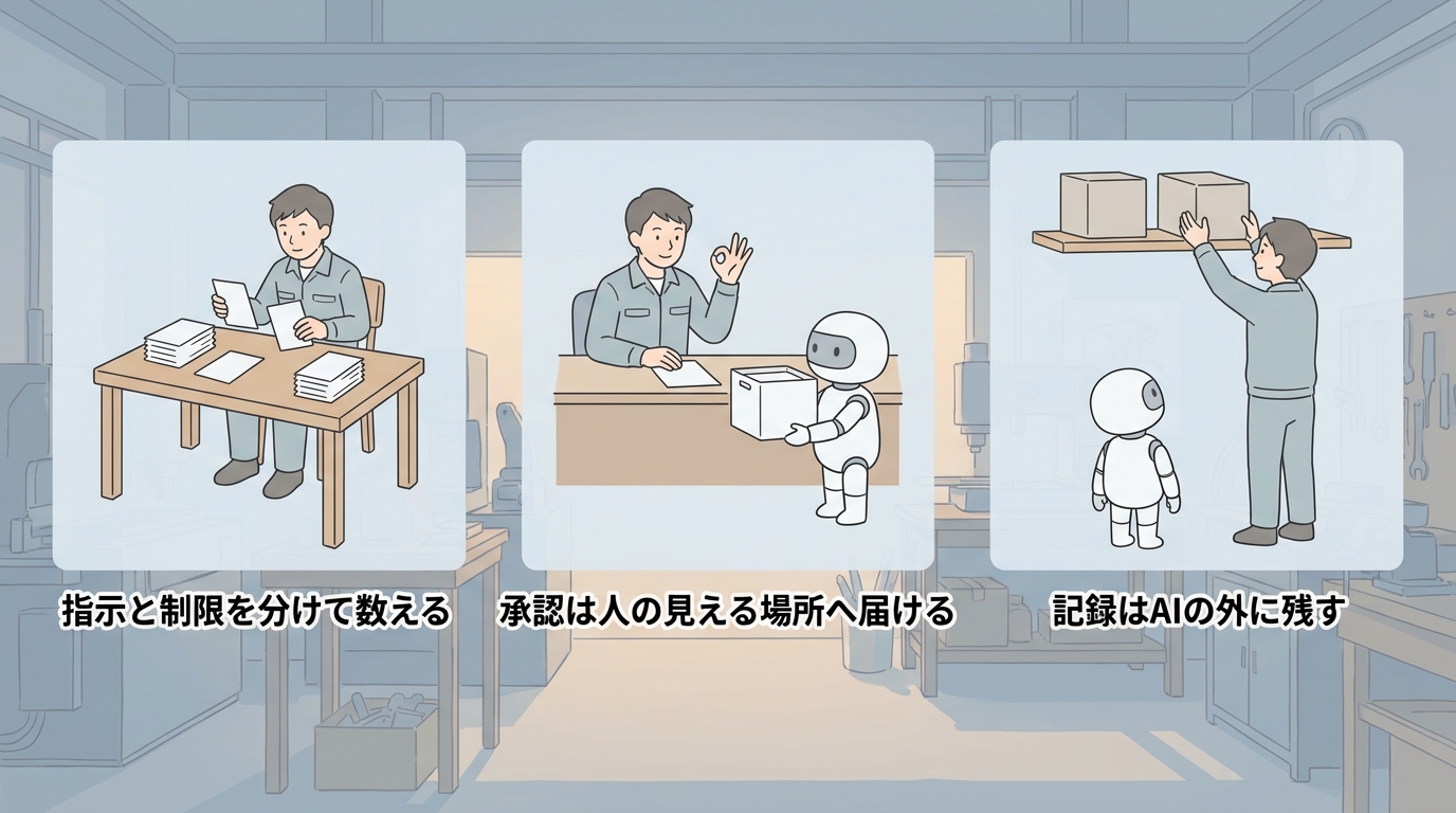 指示と制限を分けて数える・承認は人の見える場所へ届ける・記録はAIの外に残す の3ステップ図