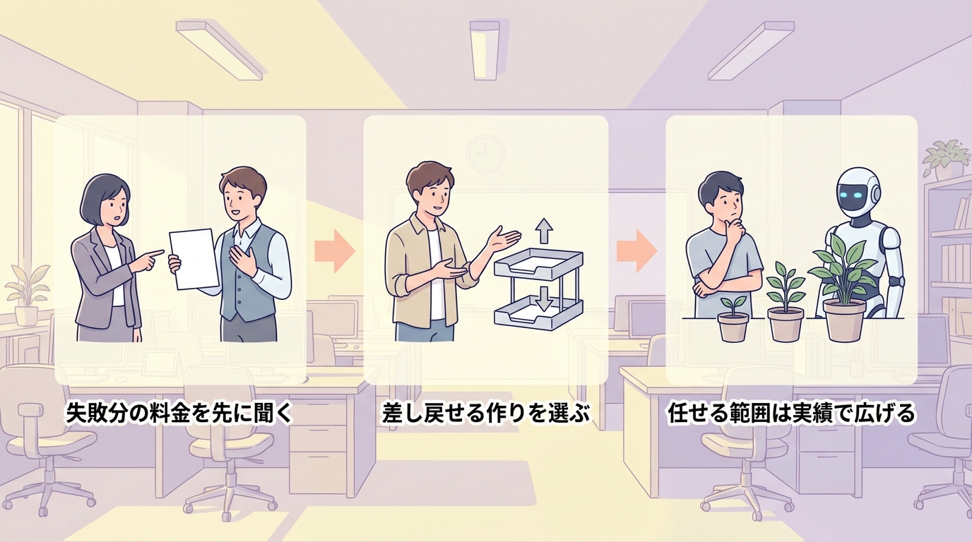 失敗分の料金を先に聞く・差し戻せる作りを選ぶ・任せる範囲は実績で広げる の3ステップ図
