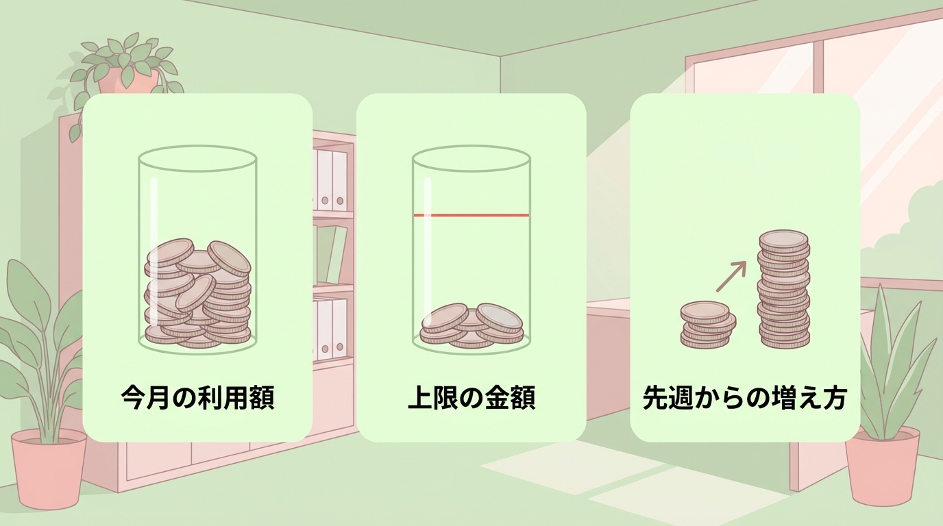 今月の利用額・上限の金額・先週からの増え方 の3つの数字の図
