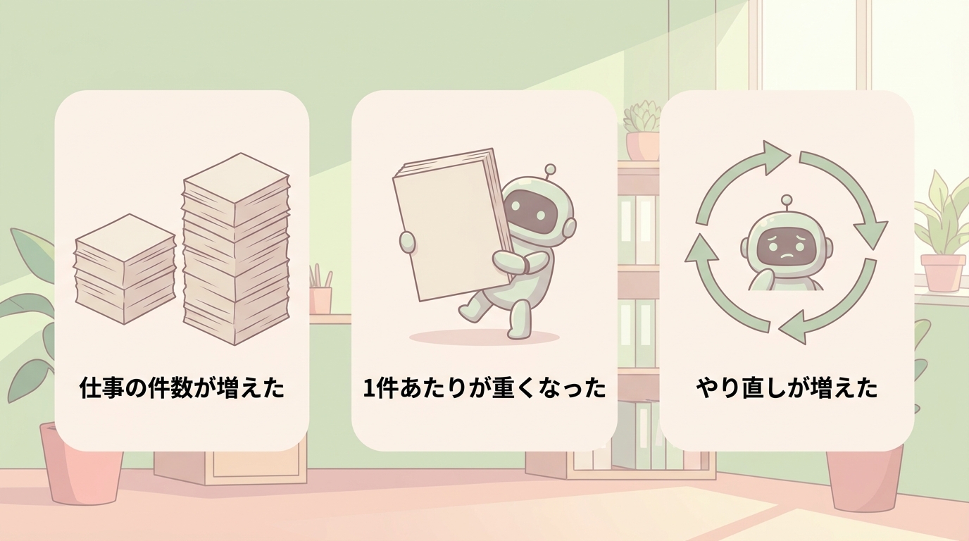 仕事の件数が増えた・1件あたりが重くなった・やり直しが増えた の3区分の図