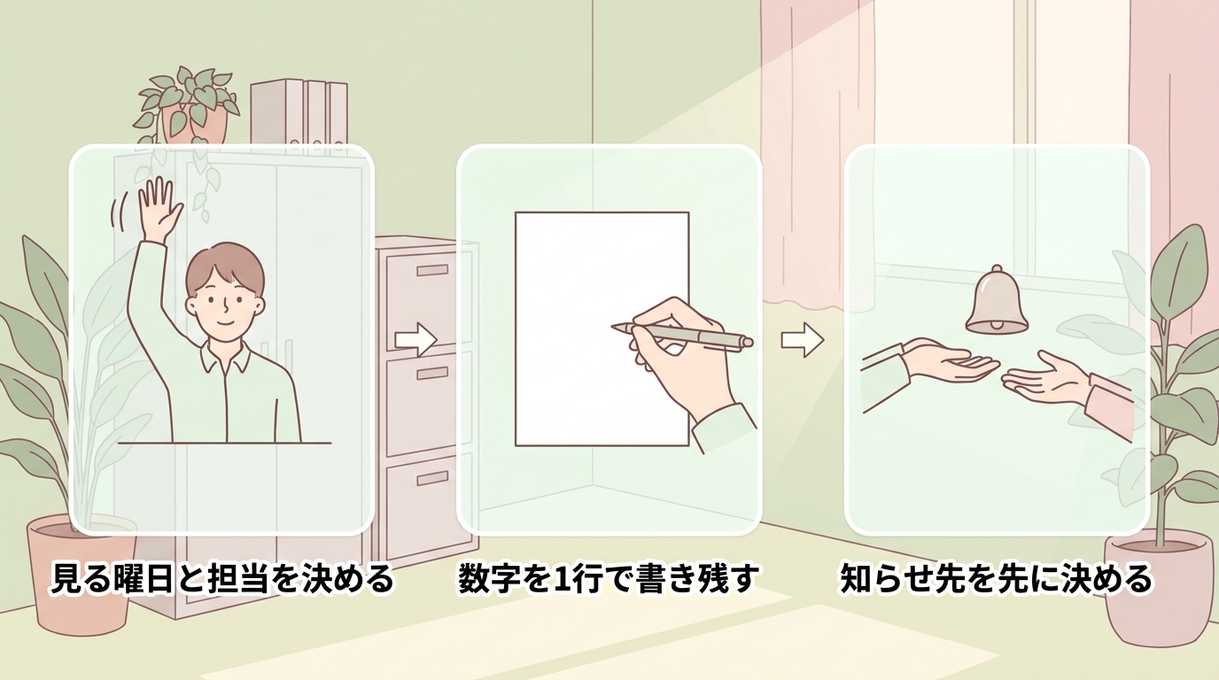 見る曜日と担当を決める・数字を1行で書き残す・知らせ先を先に決める の3ステップ図