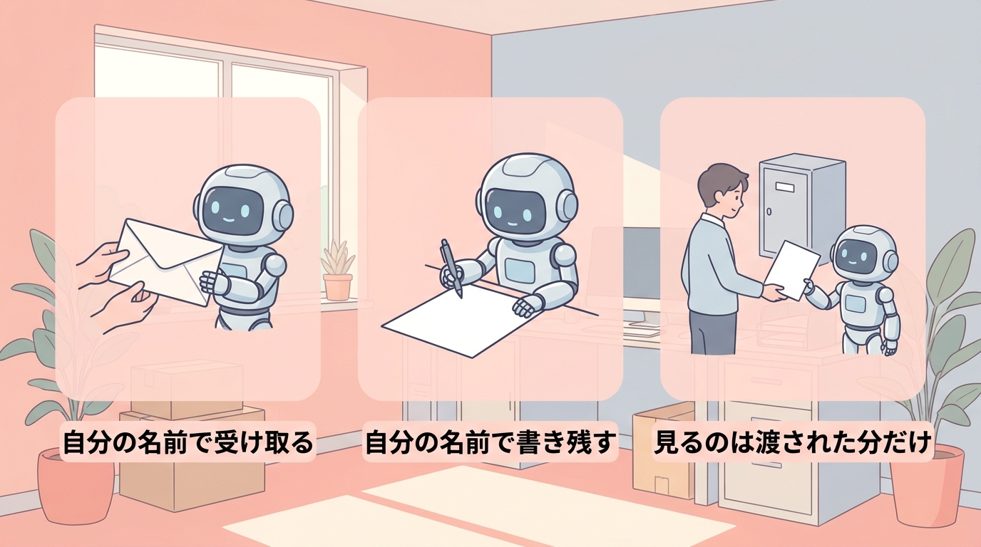 自分の名前で受け取る・自分の名前で書き残す・見るのは渡された分だけ の図