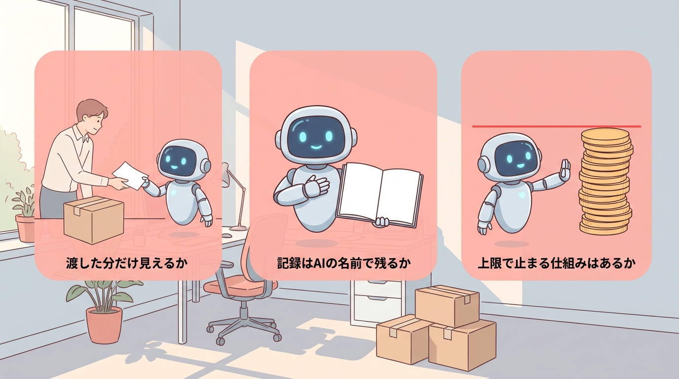 渡した分だけ見えるか・記録はAIの名前で残るか・上限で止まる仕組みはあるか の確認図