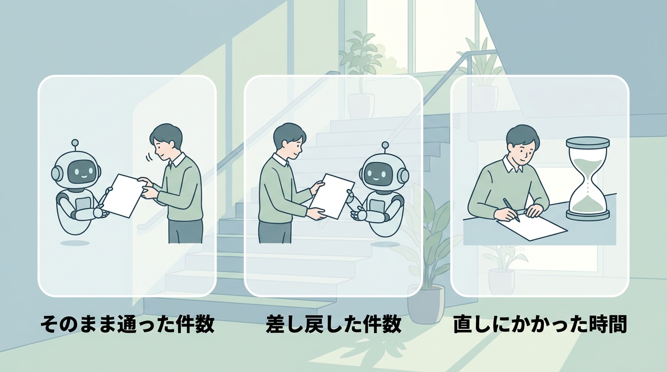 そのまま通った件数、差し戻した件数、直しにかかった時間という3つの場面を3枚のパネルで並べた図。