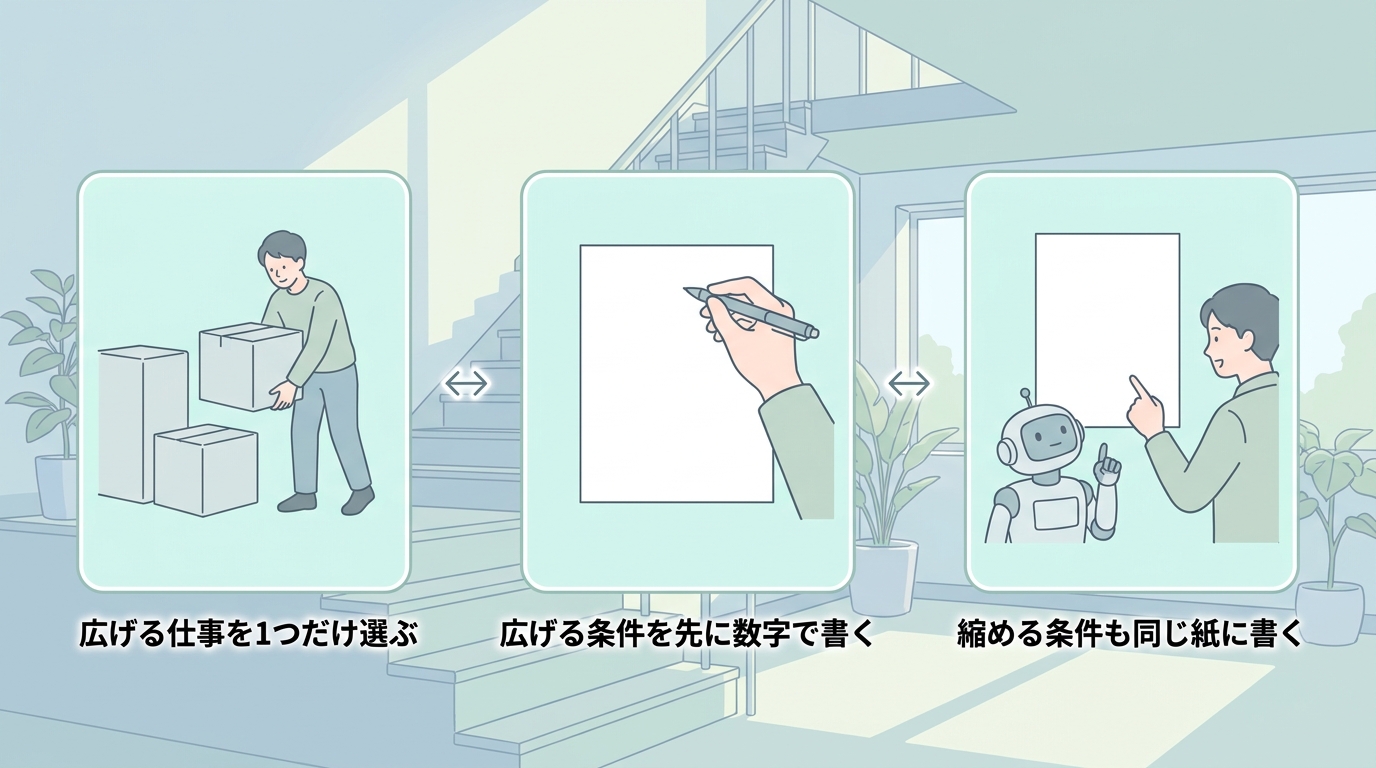 広げる仕事を1つだけ選ぶ、広げる条件を先に数字で書く、縮める条件も同じ紙に書くという3つの場面を3枚のパネルで並べた図。