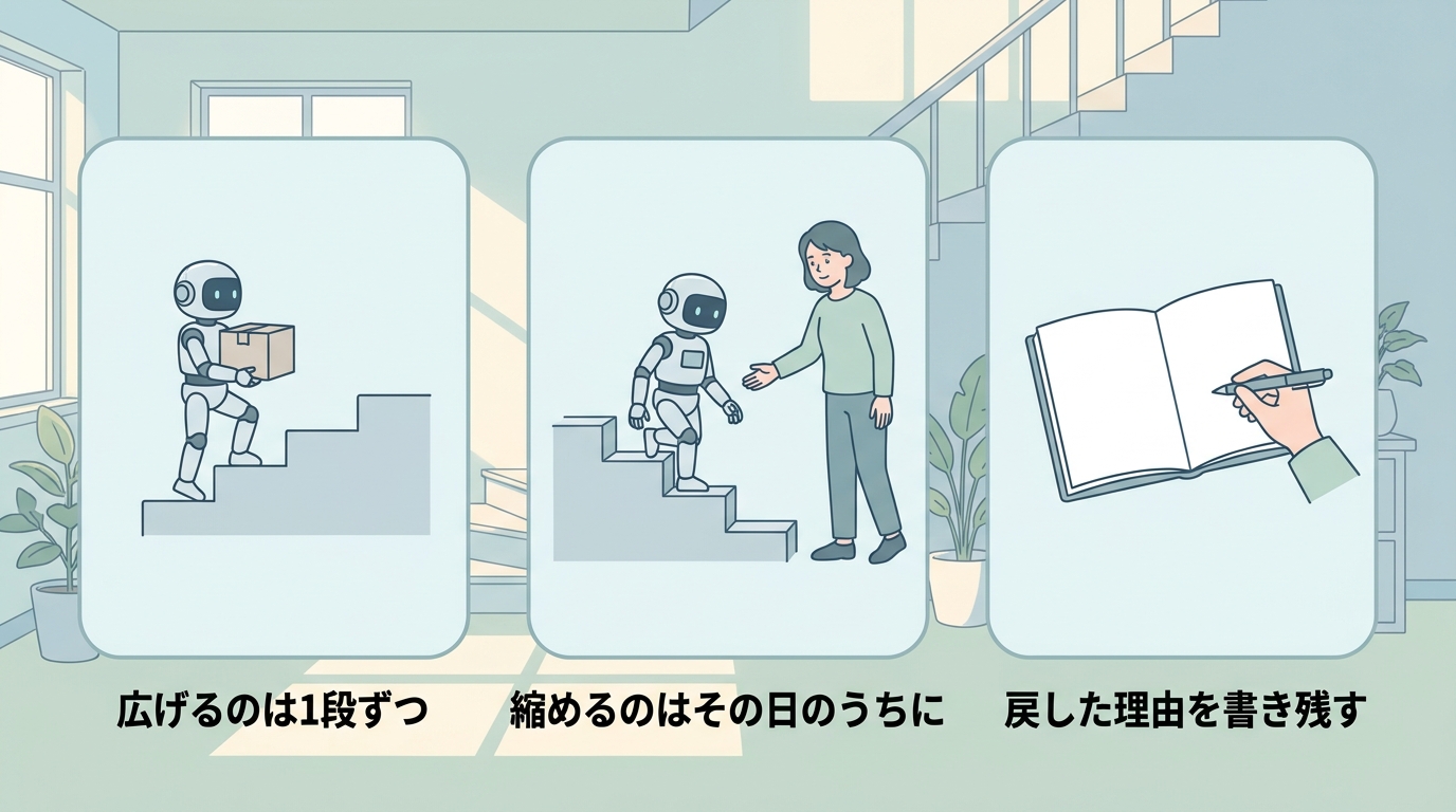 広げるのは1段ずつ、縮めるのはその日のうちに、戻した理由を書き残すという3つの場面を3枚のパネルで並べた図。
